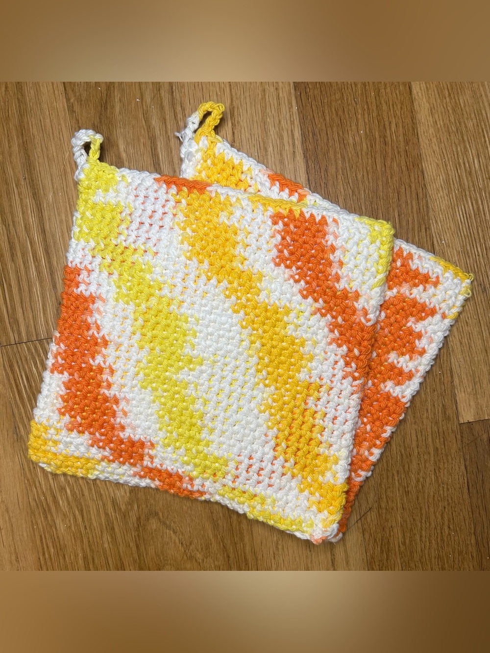 Handmade crochet potholders with orange, yellow, and white (2 count)